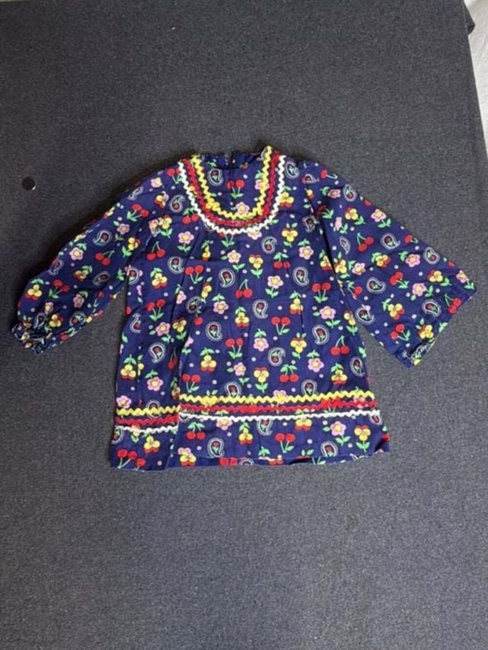 Vintage Toddler Girls Floral Cherry Print Long Sleeve Dress